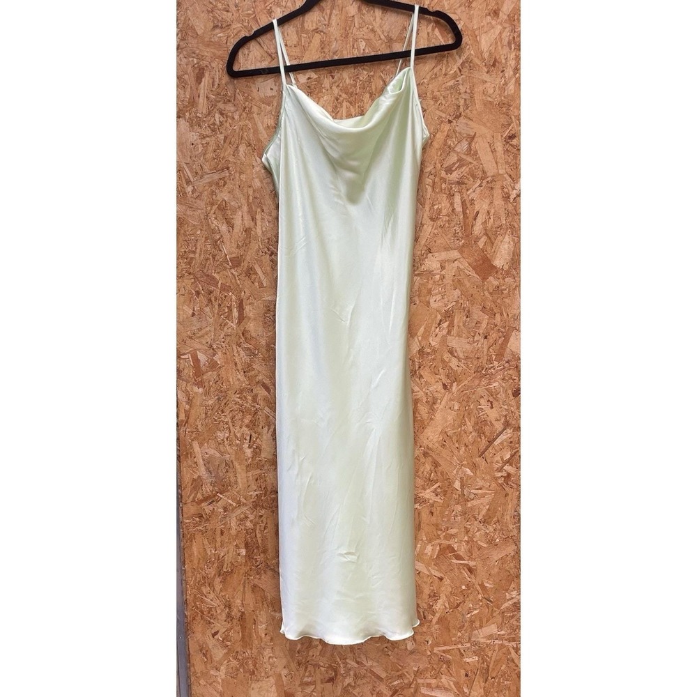 Y2K Bebe Satin Slip Dress Small Mint Green Cowl Neck Adjustable Straps Midi